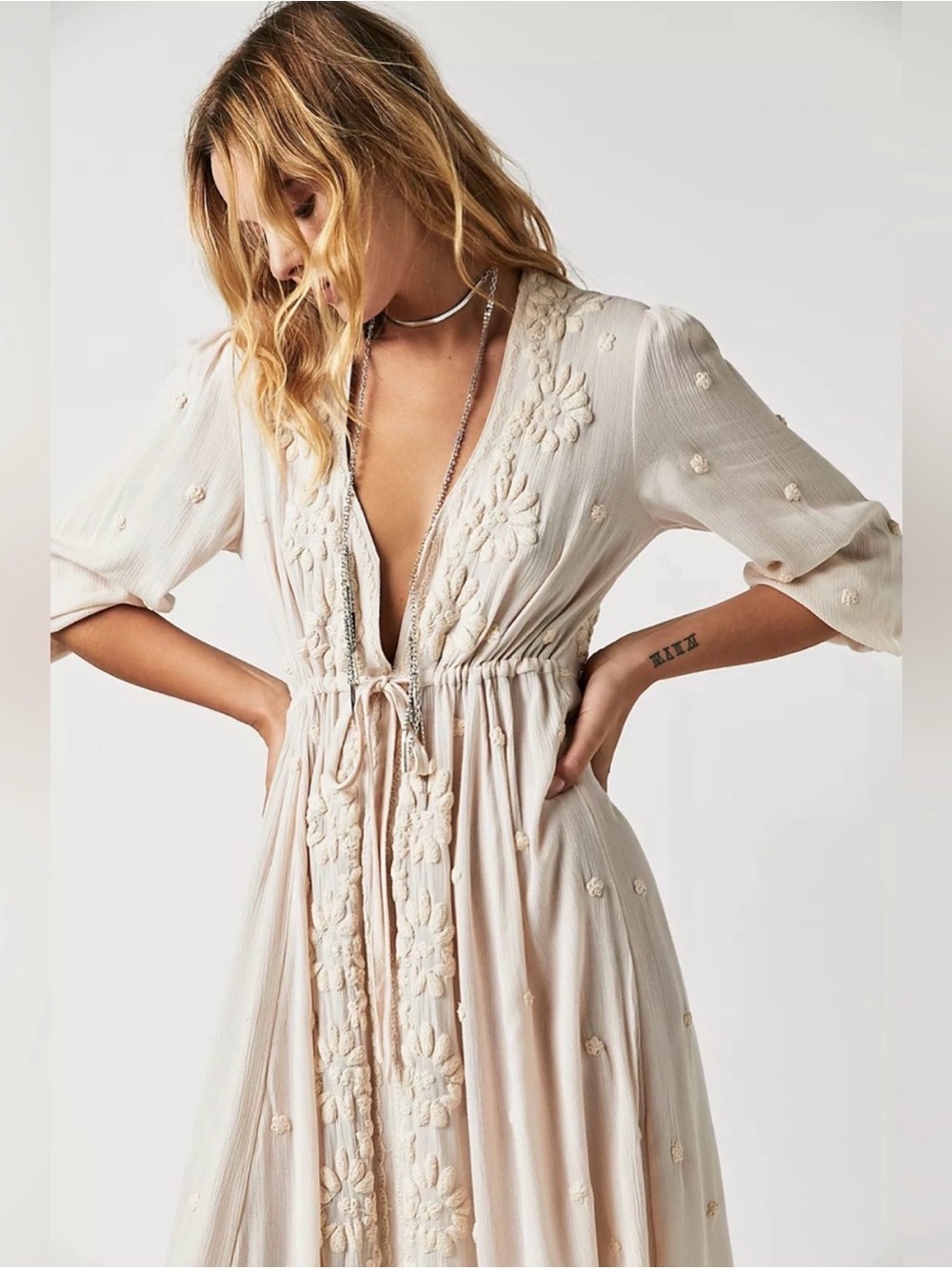 FREE PEOPLE Embroidered Fable Midi Dress Antique Peach Floral Size Small